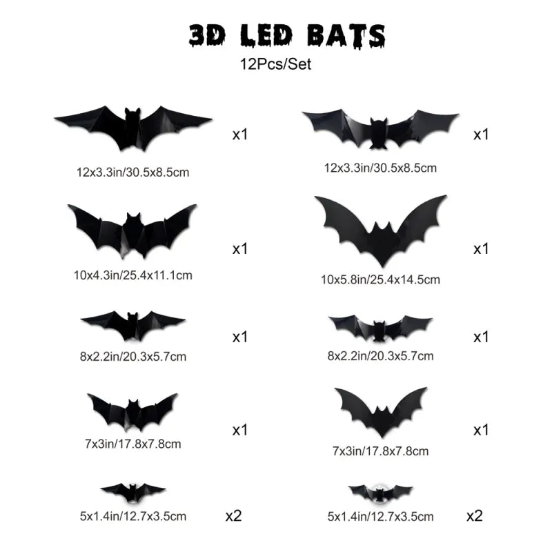 Supplier reference showing assorted bat silhouettes for the 12-bat LED set