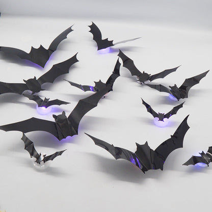 CJ supplier close-up of bat silhouettes and purple LED lights; set includes 12 bats and 12 lights