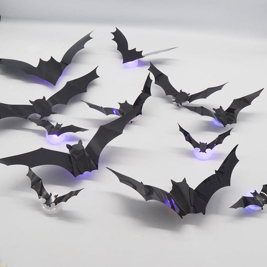 CJ supplier close-up of bat silhouettes and purple LED lights; set includes 12 bats and 12 lights