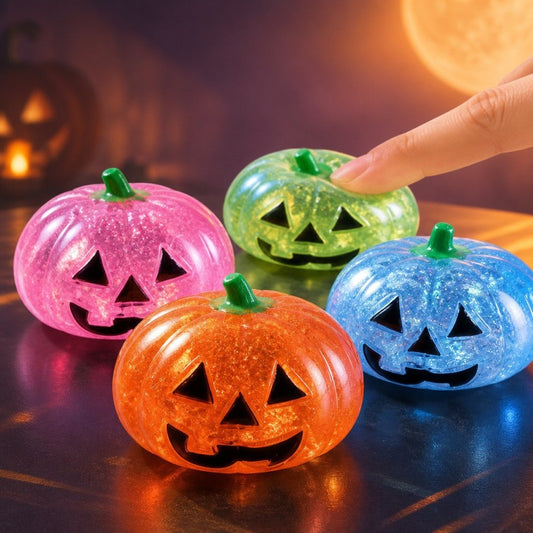 Supplier colour lineup: Blue, Orange Yellow, Pink and Green pumpkin squeeze toys. Sold individually in the selected colour.